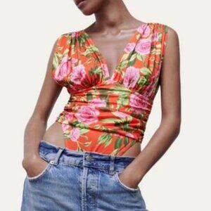 Zara Bodysuit Womens Med Pink Orange Floral High Cut Sleeveless beach vacay NWT